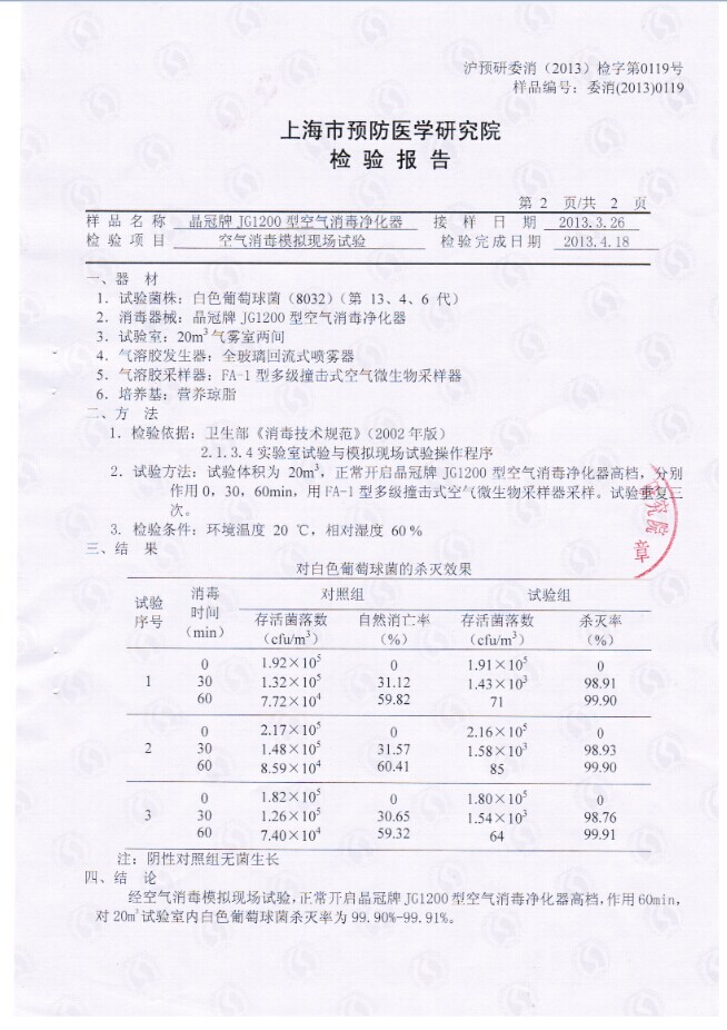 上海市疾控中心净化器细菌除去率报告